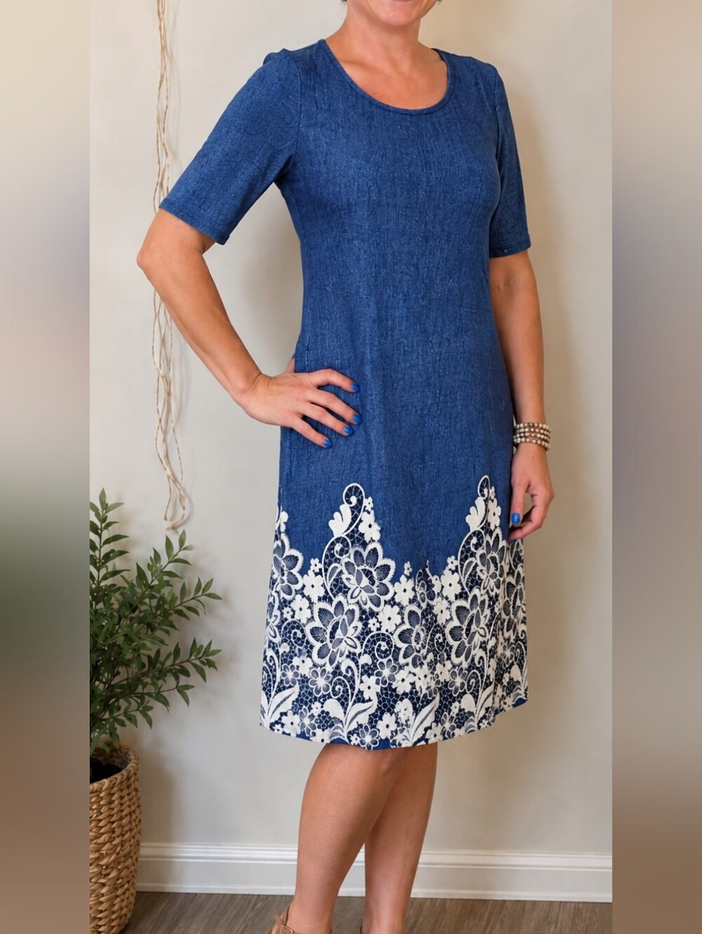 Denim-Style Shift Dress with White Floral Lace Hem